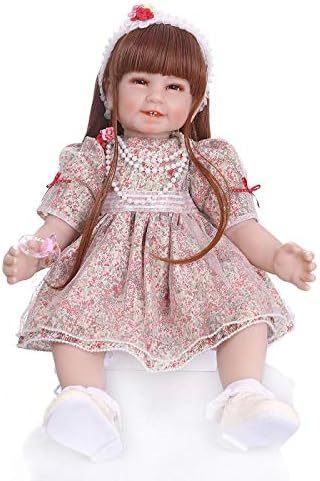 Angelbaby Reborn Baby Dolls Realistic Looking Silicone Bebe Dolls Smile Face Long Brown Hair Toddler Girl 22 inch Weighted Baby for Ages 3+ (Floral Dress)