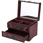 Wooden Jewelry Box with Mirror, Classical Wood Jewlery Box Jewelery Storage Box Case Holder Jewellery Chest Organizer with Drawer Mom Gifts Mothers Day Gift for Women Girls Ring Necklace Earring