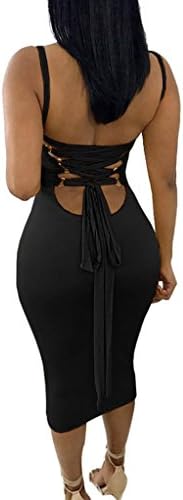 Olaron Women Sexy Spaghetti Strap Lace up Back Hollow Backless Nightclub Party Midi Dress Black XLarge