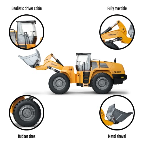 Top Race 10 Channel RC Bulldozer Full Functional Remote Control Front Loader Construction Tractor - Full Metal Toy, 1:14 Scale, Remote Control Construction Vehicles, Can Dig up to 3.5 lbs