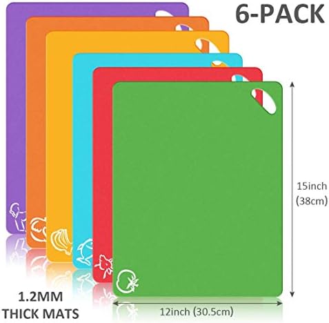 Bedoo Flexible Plastic Cutting Boards for Kitchen Dishwasher Safe Thick Chopping Board Mats with Color Icons Set of 6