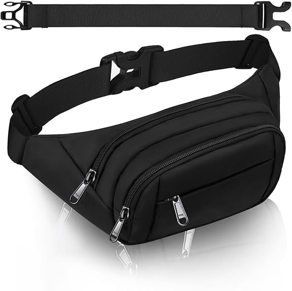 4 Pockets BumBags Ladies 35cm Extended Belt Large Waist Bum Bag Men,Large Capacity Waist Bag Waterproof Black Fanny Pack for iPad mini & iPhone- Gift Bag Women for Sport Travel Hiking Cycling — image 1