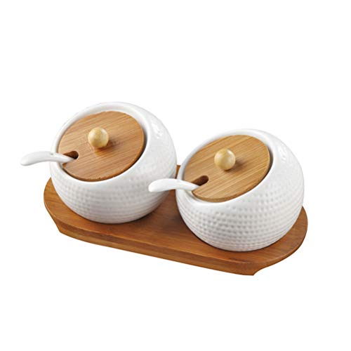 Ceramic Spice Jars Set Porcelain Condiment Container with Bamboo Lids and Wooden Tray for Home Kitchen - Thumbnail 4