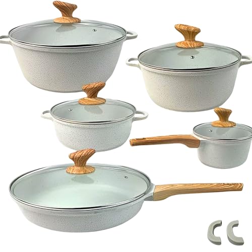 Conjunto de Panelas de Cerâmica Antiaderente Revestido de Granito, 5 Peças, Cozinha Saudável, Livre de PFOA (Branco)