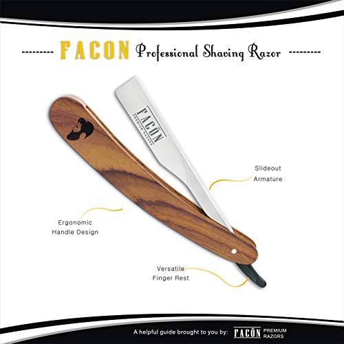 Free Blades + Facón Professional Wooden Straight Edge Barber Razor - Salon Quality Cut Throat Shavette - Thumbnail 5