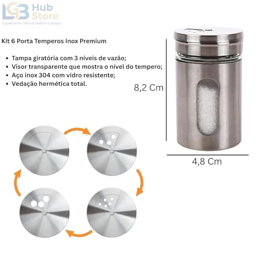 Kit 6 Porta Temperos Inoxdável com Vidro 120ml Tampa Giratória 3 Níveis Hermético Saleiro Pimenteiro Paliteiro Porta Condimentos para Cozinha e Churrasco