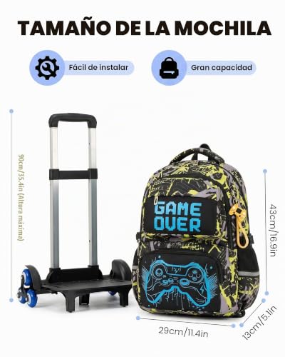 Amythe Backpack with Wheels for Boys Luminous 8-12 Years, School Trolley 6 Wheels with Removable Trolley, Teenagers Backpack for Back to School Elementary School ESO Institute – PC 15.6", lemon tree