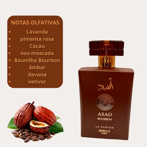 Perfume Arábe Asad Bourbon Isabelle La Belle 100ml, Amadeirado com Notas de Pimenta Rosa, Âmbar e Lavanda