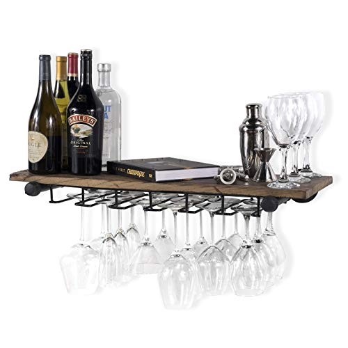 Rustic Wall Floating Shelf Stemware Holder Wine Rack Reclaimed Wood with Pipe Industrial Pipe Brackets Walnut