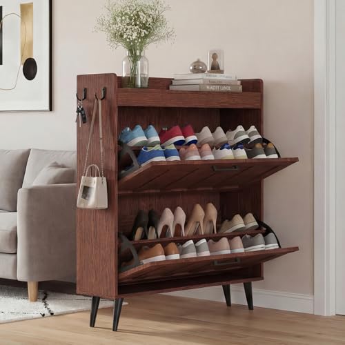 ELUREVIA Meuble à Chaussures à 2 Abattants, Armoire à Chaussures Étroit Style Campagne, Capacité 12 à 16 Paires, Rangement pour Entrée, Salon et Couloir, Noyer