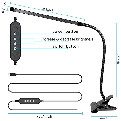 USB LED Desk Clip Light - 10W Bright Book Light Clip on for Bed Night Reading,Steel Gusseneck Clip Lamp for Work/Music/Art Studio with 3 Lighting Modes 10-Level Dimmer Light,Adapter Included (Black)