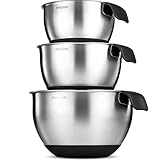 FineDine Premium Grade Stainless Steel Mixing Bowls With Comfortable Grip Handle (Set of 3) Modern Nesting Bowls Set with Measurement Marks, Easy Pouring Spout, Skid Free Bottom 1.5 - 2 - 2.5 Quart