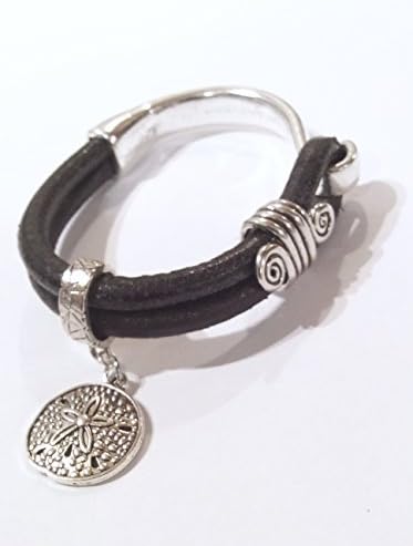 Black Italian Leather Bracelet with Silver Half Cuff Bangle Hook Clasp / Silver Sand Dollar Charm / Silver Double Swirl Slider Charm