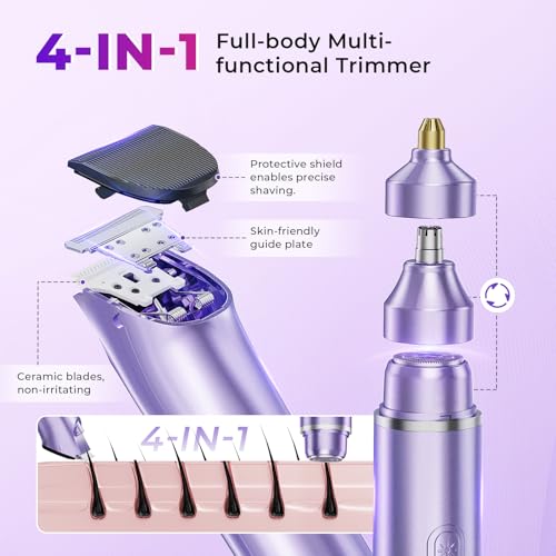Bikini Trimmer for Women, 4 in 1 Electric Razors for Women - Dual Head, Wet & Dry Use Pubic Body Hair Trimmer Electric Shavers, Rechargeable Womens Facial Razors for Legs, Nose, Armpits, Bikini Area