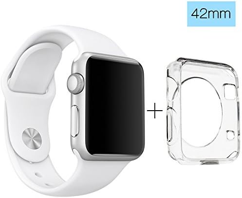 ClockChoice Silicone Strap Sport Replacement Kit for Series 1 &amp; 2 42mm Smartwatch Band, WHITE, Bonus Case Included, No adapter needed, Includes 3 Pieces, for 2 Lengths, For Women and Men Use