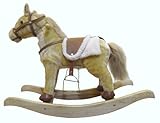 Chrisha Creations Plush Rocking Horse Making Sounds While Moving Head and Tail, Wooden Structure - Tan