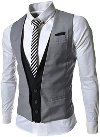 Porlox Mens Fashion Slim Fit Business Suit Layered Vest Gray