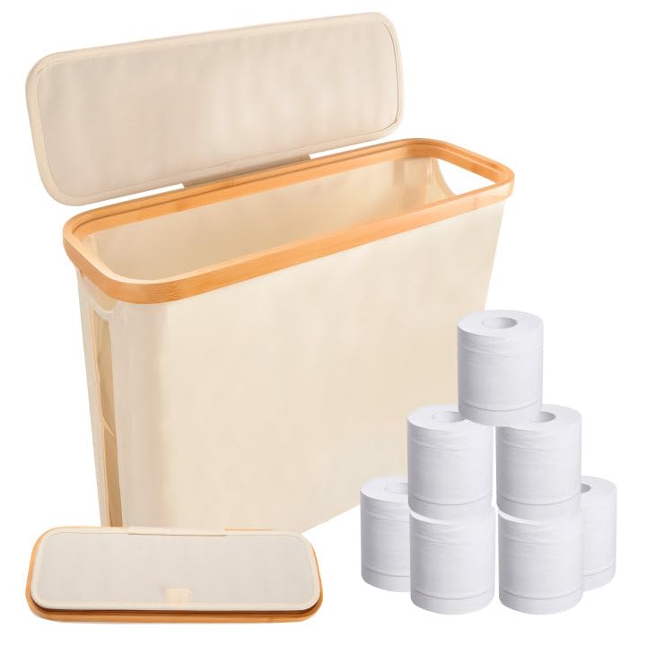 Toilet Roll Storage,Bathroom Storage Box Holder Stand with Lid,Toilet Paper Basket Cabinet,Toilet Roll Holder Storage Stand, Toilet Paper Holder for up to 12 Mega Rolls,17.13 * 5.71 * 13.78in (Beige)