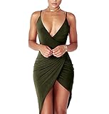 YS.DAMAI Women's Sexy Deep V Neck Sleeveless Spaghetti Strap Bodycon Wrap Dress Front Slit Bandage Midi Club Dress(ArmyGreen,S)