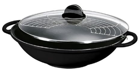 Silit Tao Wok mit Glasdeckel, 30 cm, Ø Gusseisen unbeschichtet, Dünstrost Holzzange und Holzstäbchen schwarz