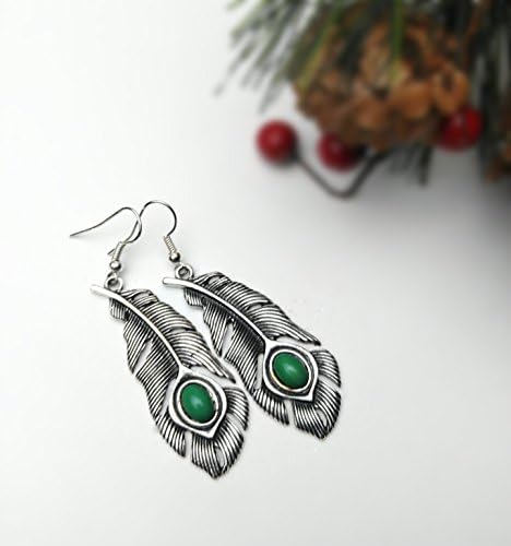 Number one seller Feather and Emerald earrings, Teen jewelry, Girlfriend earrings,Plus Bonus Tiny Heart Necklace