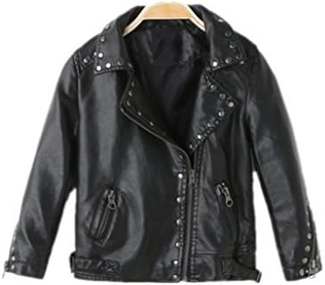 ELUCKFACEGirls Boys Biker Jacket Faux Leather Rivets Leather Motor Jacket For Kids 3-12Years