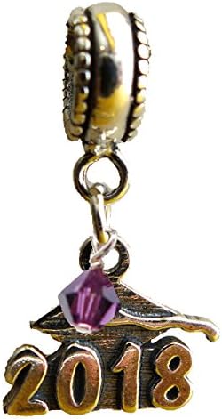 Graduation Cap 2018 February Amethyst Birthstone Sterling Silver Dangle Charm Bead