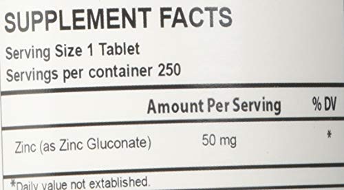 BIOTECH NUTRITIONS ZINC GLUCONATE 50 MG 250 TABLETS MADE IN USA VEGETARIAN/VEGAN ZINC GLUCONATE