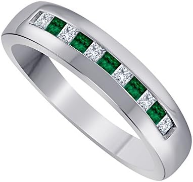 .925 Sterling Silver Plating 0.50ct Princess Cut Simulated Diamond & CZ Lab Created Green Emerald Bridal Anniversary Wedding Band Ring Men's Jewelry