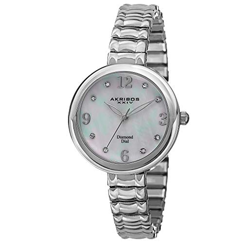 Akribos XXIV Women's Genuine Diamond Hour Marker - Quartz Movement Watch with Mother of Pearl Dial on Stainless Steel Bracelet -AK765