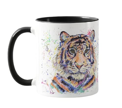 Vixar Tiger Watercolour Rainbow Art Coloured Mug Cup, Gift, Birthday, Work, Office, Christmas Tea Coffee (Black)