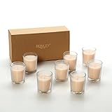 Hosley Premium, Highly Scented Set of 8, Vanilla Bean, Essential Oils, Votive Candles in Clear Glass. Burns up to 12 hours each. Great Gift for Home, Patio, Gardens, Wedding, Spa