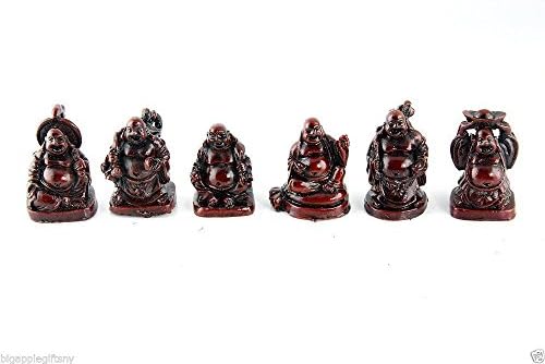 Set of 6 Mini Red Feng Shui Laughing HAPPY Buddha Figures & Statue Wealth 1" Tal