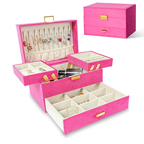 Dajasan Schmuck-Organizer-Box, große Schmuckschatullen für Damen und Mädchen, platzsparend, 3 Ebenen, Schmuck-Aufbewahrungsbox mit Schublade, Geschenk