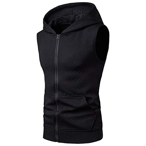 ANJUNIE Hoodie Tank Top Men Vest Jacket Sport Casual Sleeveless Rhombus Zipper UP Sleeveless Cardigant(Black,M)