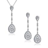 Bling Jewelry Art Deco Style Pave Long Teardrop Pendant and Earrings Set Rhodium Plated