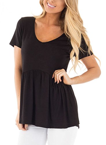 Annflat Women's V Neck Short Sleeve Peplum Babydoll Tunic Tops Medium Black