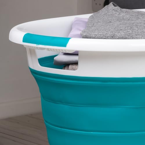 Beldray LA034816TQ Foldable Oval Basket - with Durable Plastic Handles, 37L Capacity, Turquoise, Lightweight, Space Saving Solution, Laundry Basket, Foldable Laundry Basin
