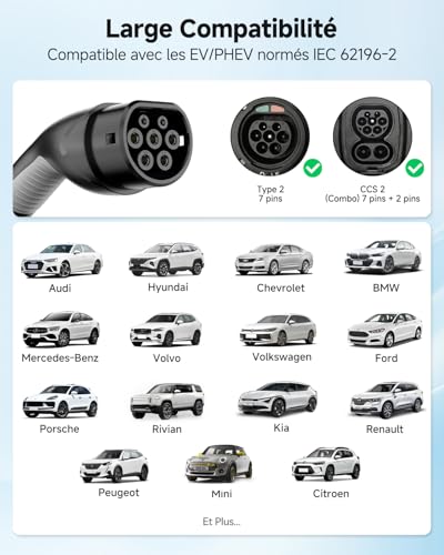 EVDANCE Electric Car Charger 3.68kW, 6.1m Electric Car Charging Cable, 6-16A Adjustable Current, 0-12h Programmable Delayed Load, IP66 Portable Type 2 Cable for EV IEC 62196-2, Silver