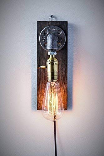Industrial Steampunk wall sconce pipe lamp with globe Edison bulb and weathered wood base