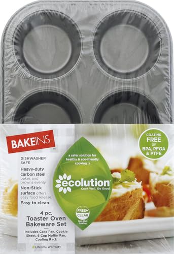 Ecolution Non-Stick Toaster Oven Bakeware Set 4-Piece, Carbon Steel, Easy to Clean and Perfect for Single Servings, Gray