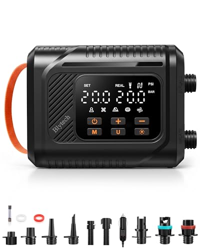 12V DC Paddle Board Pump, Electric Portable SUP Air Pump with Car Cigarette Lighter, Preset Pressure & Auto-Off, Dual-Stage Fast Inflate/Deflate, 20 PSI Max, 7 Nozzles for Paddleboards, Kayaks, Boats | 12V vehicle-powered SUP pump with dual-stage inflation, preset pressure and auto shut-off up to 20 PSI.