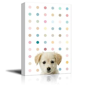 Peekaboo Animals Canvas Wall Art - Cute Dog on Color Dots Background - Gallery Wrap Modern Home Art | Ready to Hang - 12x18 inches
