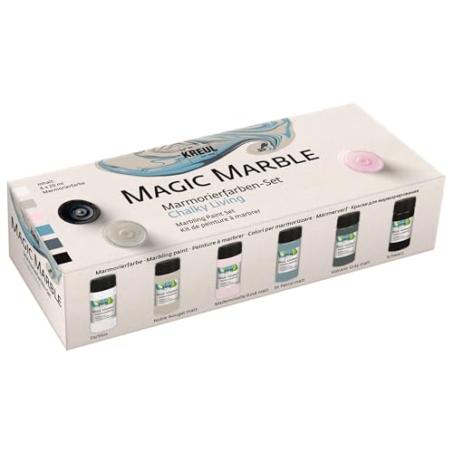Kreul 73613 Magic Marble Marble Paint, Chalky Living Set, 6 x 20 ml Colour in Brown, Pink, Teal, Grey, Colourless and Black, for Immersion Marbling of Wood, Glass, Plastic, Paper and Styrofoam
