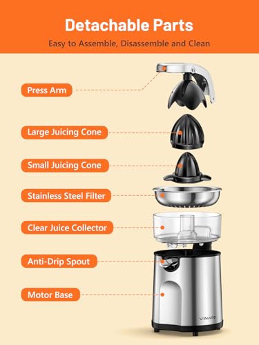 VINATO Electric Orange Squeezer with 2 Cones, Juice Extractor, Low Speed Juice Machine, Anti-Drip System and Easy Cleaning