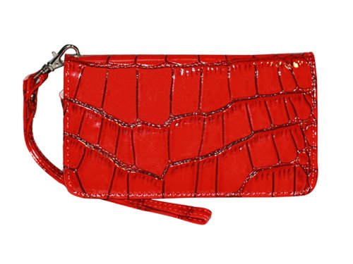 Tradekmk(TM) Universal Wallet Credit Card Crocodile Leather Case Cover with Strap for iPhone 5 5S, iPhone 4 4S, Touch, HTC, Samsung, LG, Blackberry Mobile Phones etc.(Red)