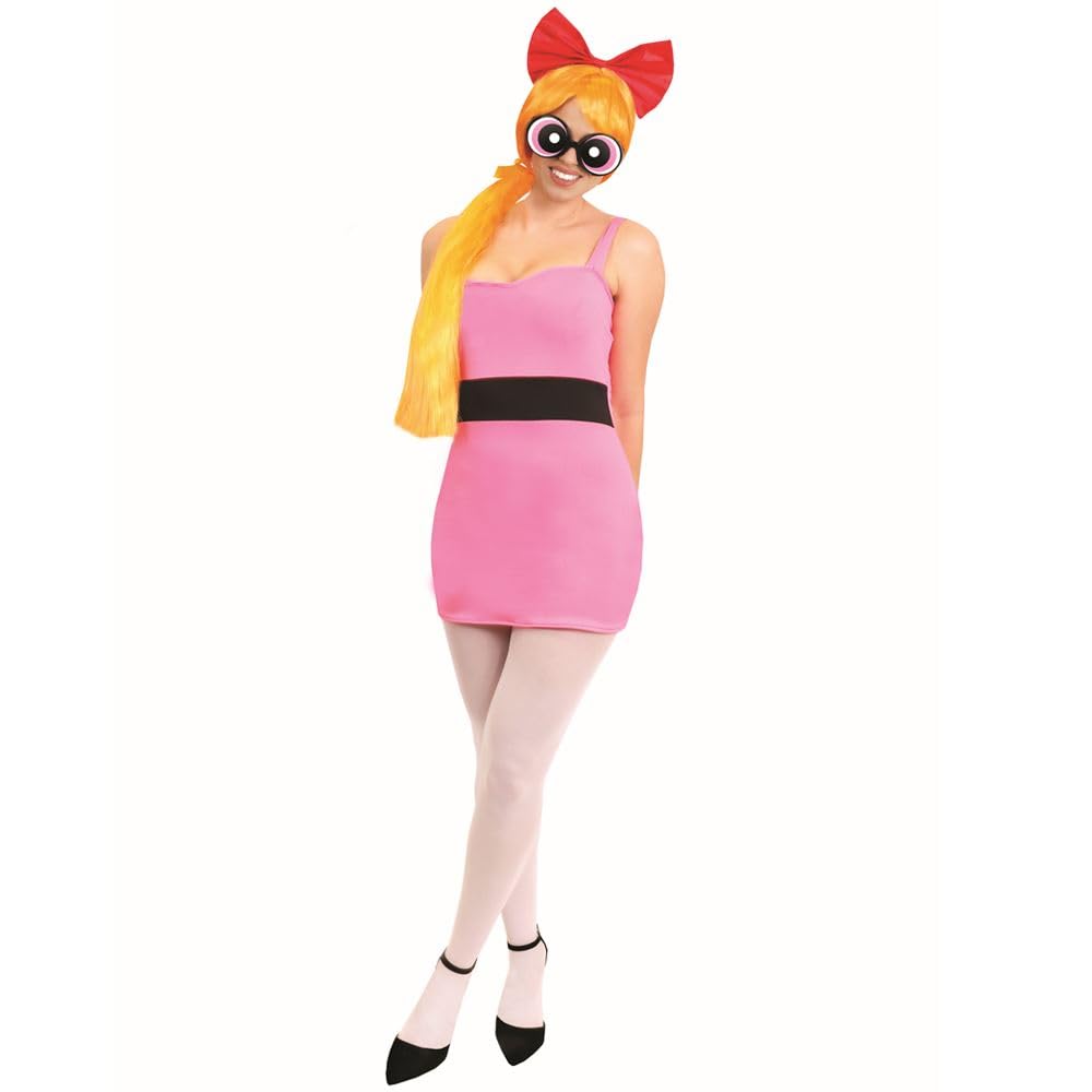 Ladies Powerpuff Girl Blossom Costume - X-Small - Pink Dress with Black Stripe, Wig, Bow Headband, Glasses, White Tights - Adults Cartoon TV Show Fancy Dress