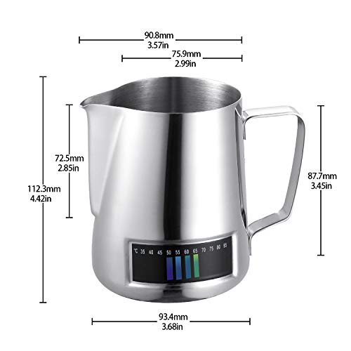Milk Frothing Pitcher, Stainless Steel Creamer Frothing Pitcher With Integrated Thermometer 20 oz (600 ml), Chrome