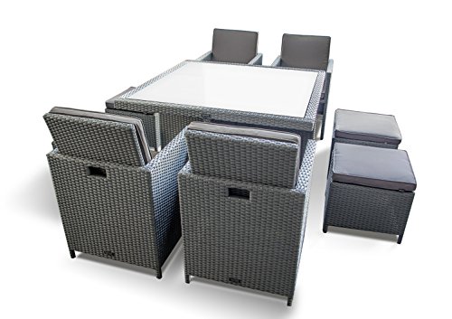 Ragnarök-Möbeldesign PolyRattan - DEUTSCHE Marke - EIGNENE Produktion - 8 Jahre GARANTIE auf UV-Beständigkeit Gartenmöbel Essgruppe Tisch + 4 Stühle & 4 Hocker 12 Polster Platinum Grau – Bild 3