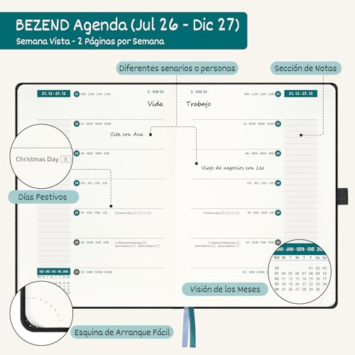 BEZEND 2026 2027 Week to View Diary 15.5 x 21 cm, 18 Months School Agenda from Jul.26 to Dec.27, A5 Weekly Planner with Double Schedule, Hard Cover PU Leather – Beige